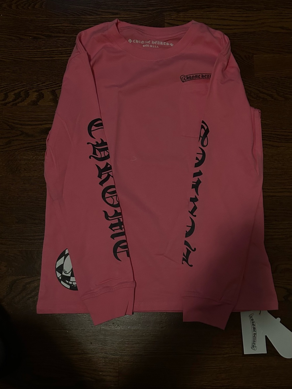 & Other Stories Pink Long-Sleeve Graphic Tee with Black Sleeve Script
